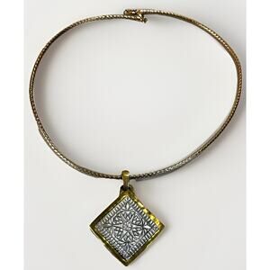 VTG Jeep Collins Brass & Sterling Silver Diamond Shaped Etched Pendant Necklace